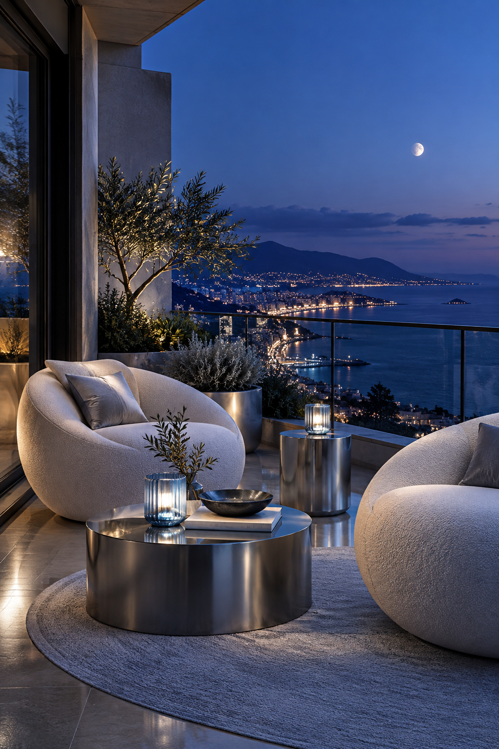 Small balcony with silver furniture, orb lights and deep blue textiles