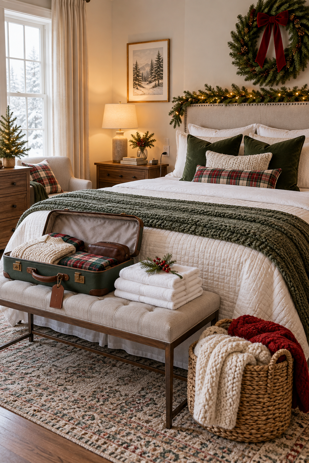 Christmas guest bedroom with fresh towels, luggage bench and restrained festive accents