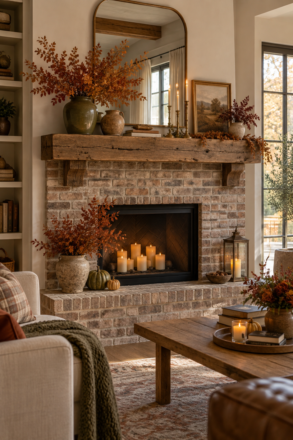 Warm fall mantel on a brick fireplace