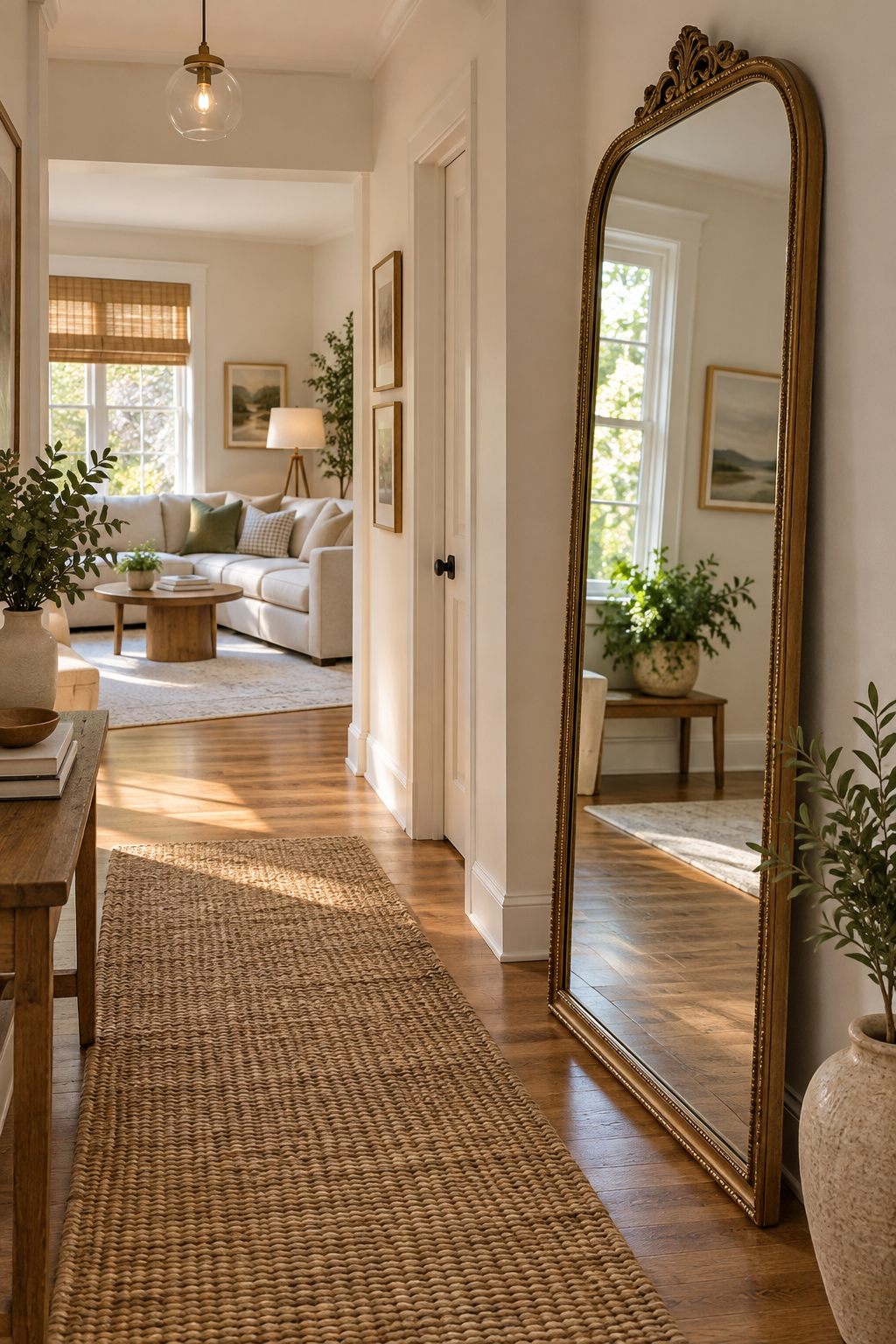 A full-length mirror reflecting daylight in a compact first home