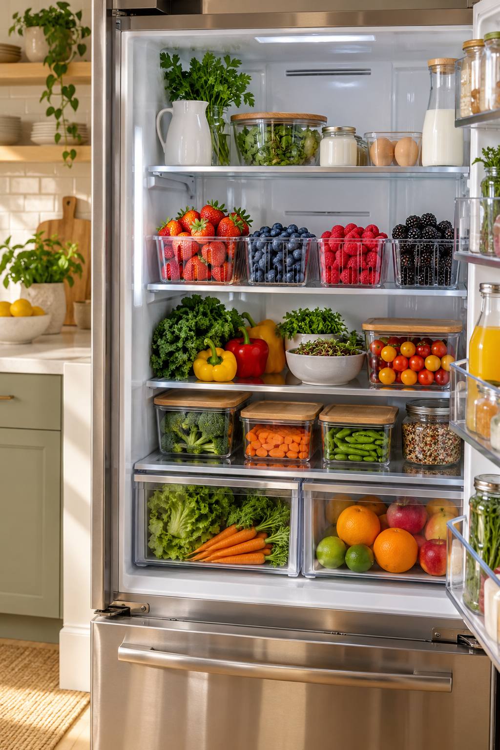 Keep Berries in Ventilated Containers in a clean organized refrigerator