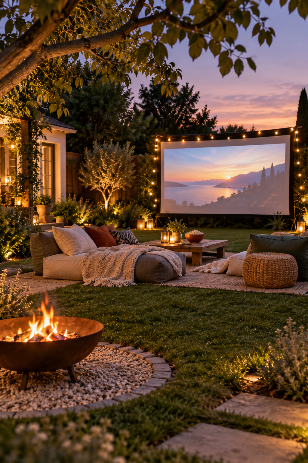 Add a Small Fire Bowl at a Safe Distance for a magical garden movie night