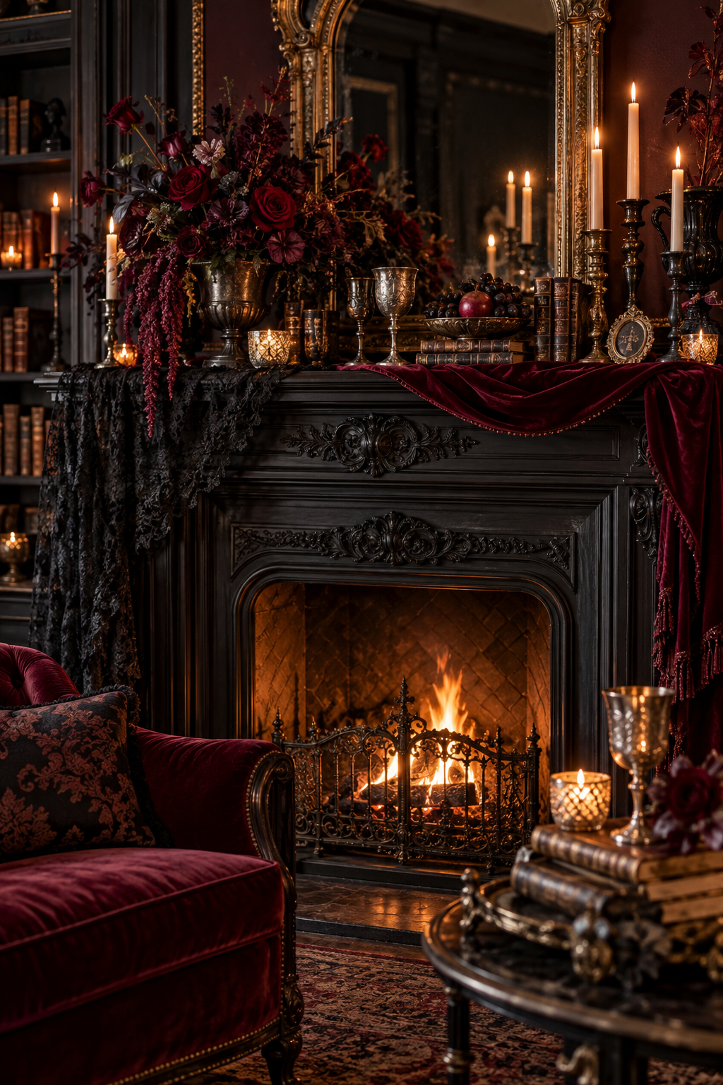 Create a Vampire-Inspired Mantel styled as gothic Victorian Halloween mantel ideas
