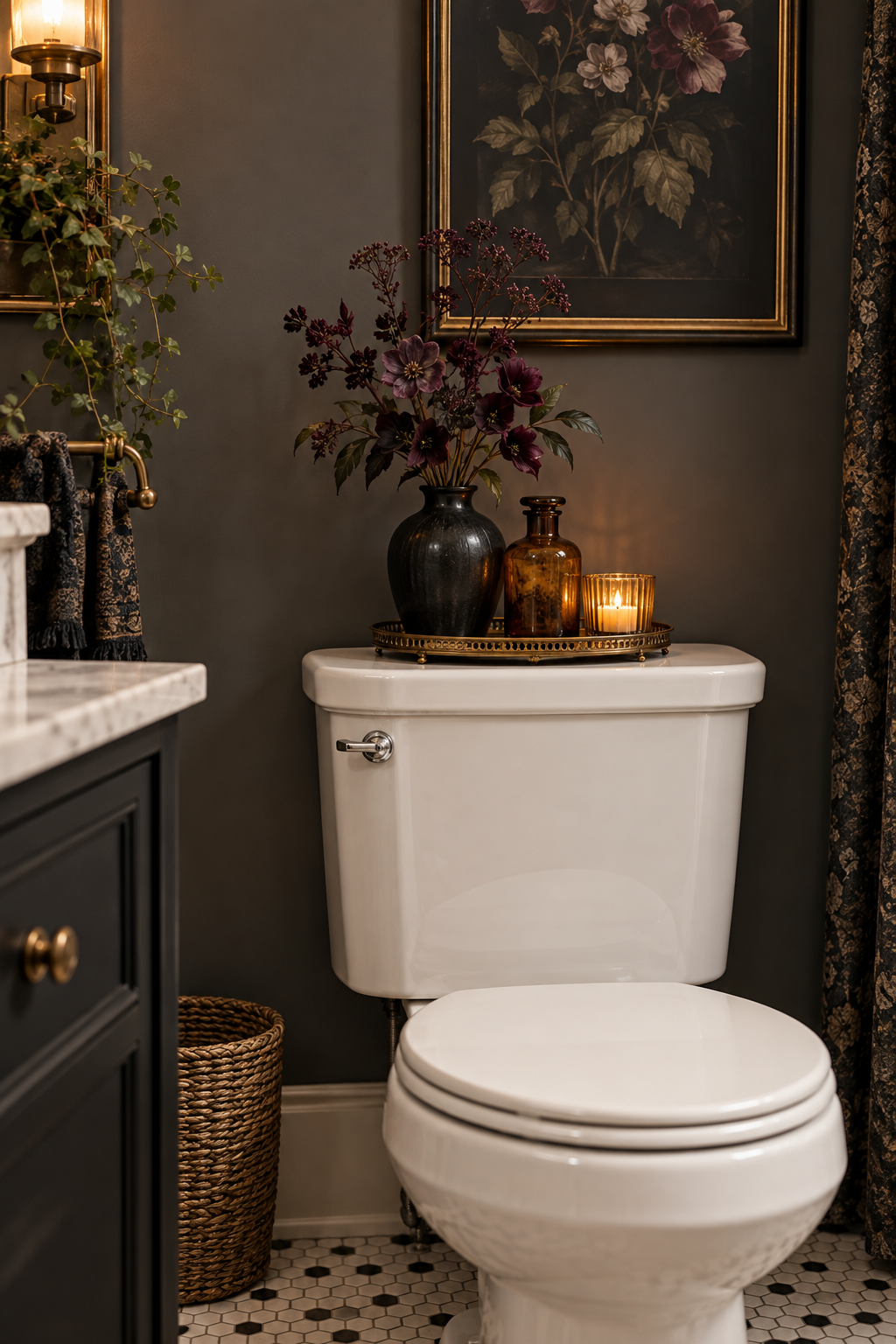 Create a Gothic Toilet-Tank Vignette styled as Halloween bathroom decor ideas