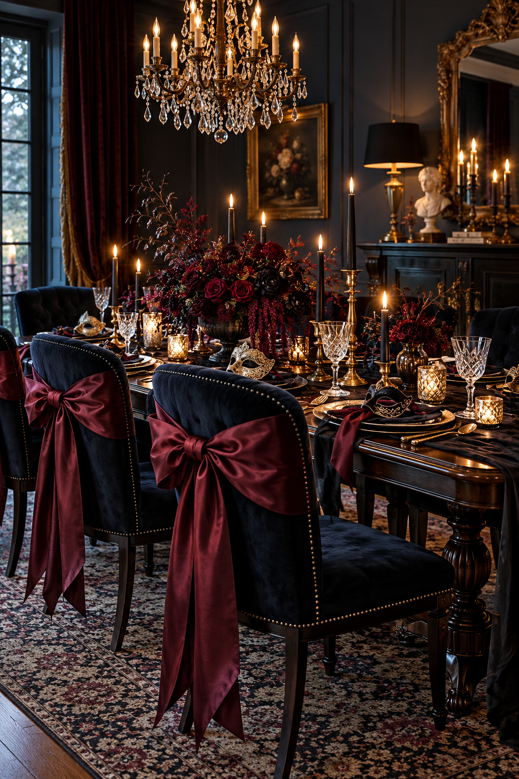 Use Oversized Bows on Chair Backs styled as Halloween masquerade tablescape ideas