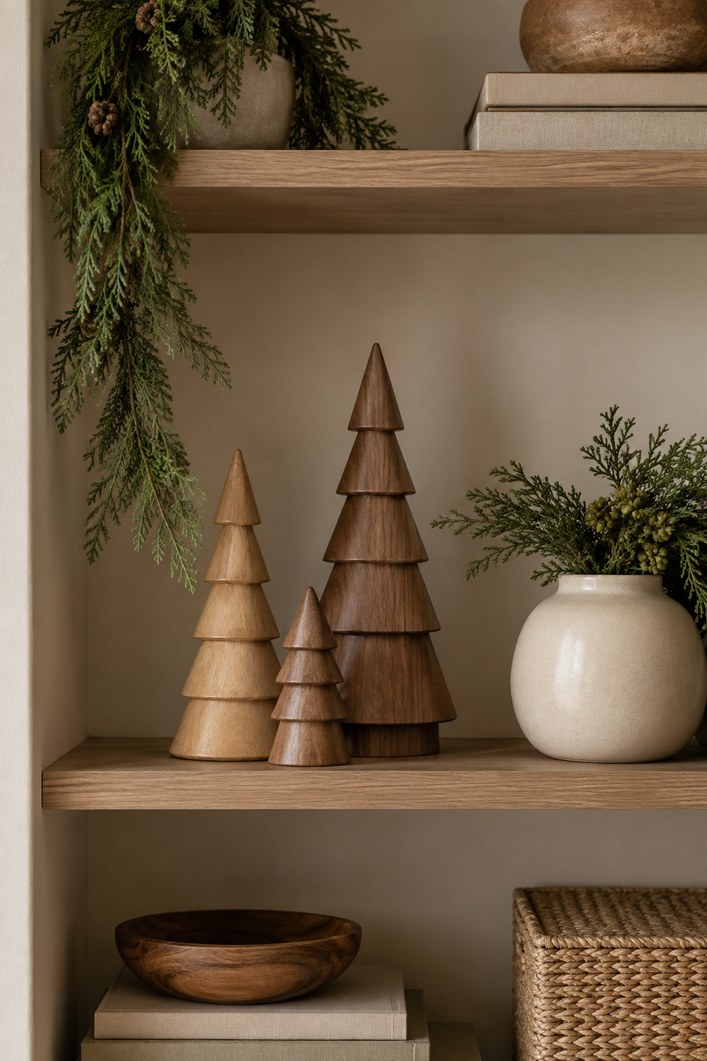 Natural Christmas display of turned wood trees on a quiet shelf