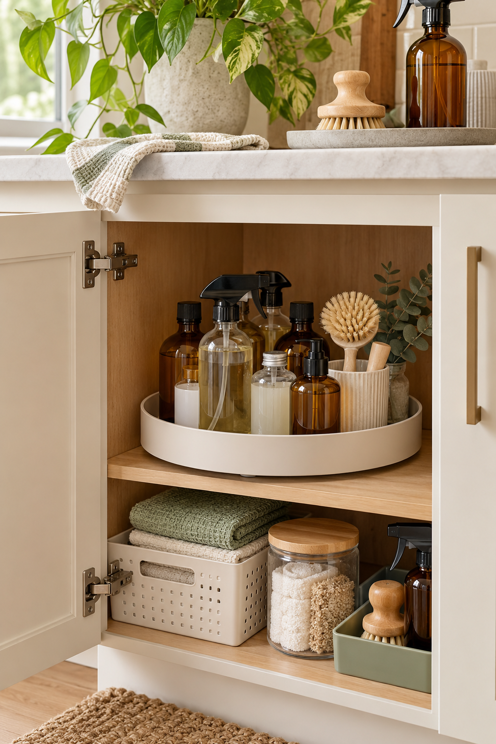 Use a Turntable for Small Bottles in an organized naturally minded cleaning station