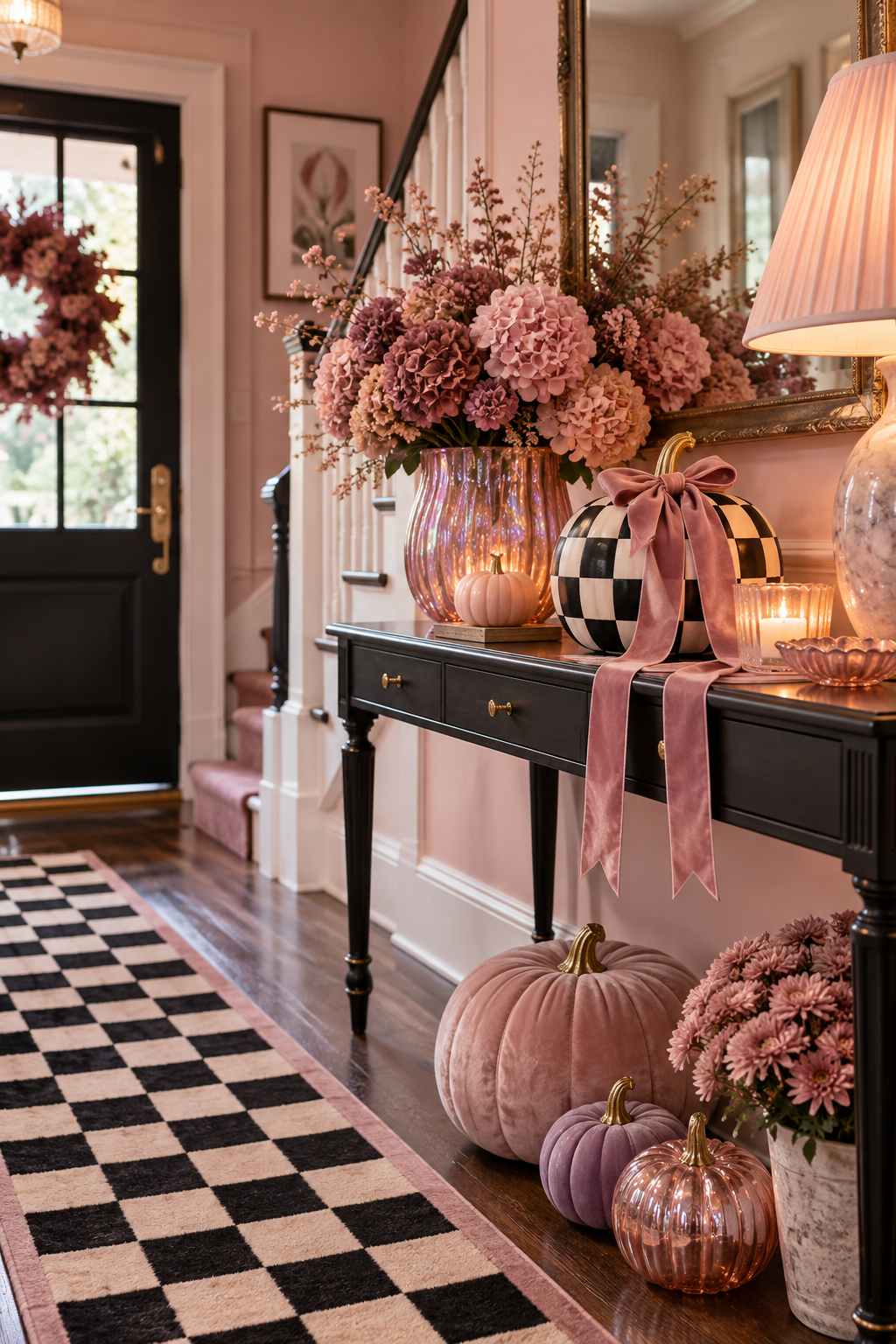 Use Checkerboard Details for Contrast styled as pink Halloween decor ideas