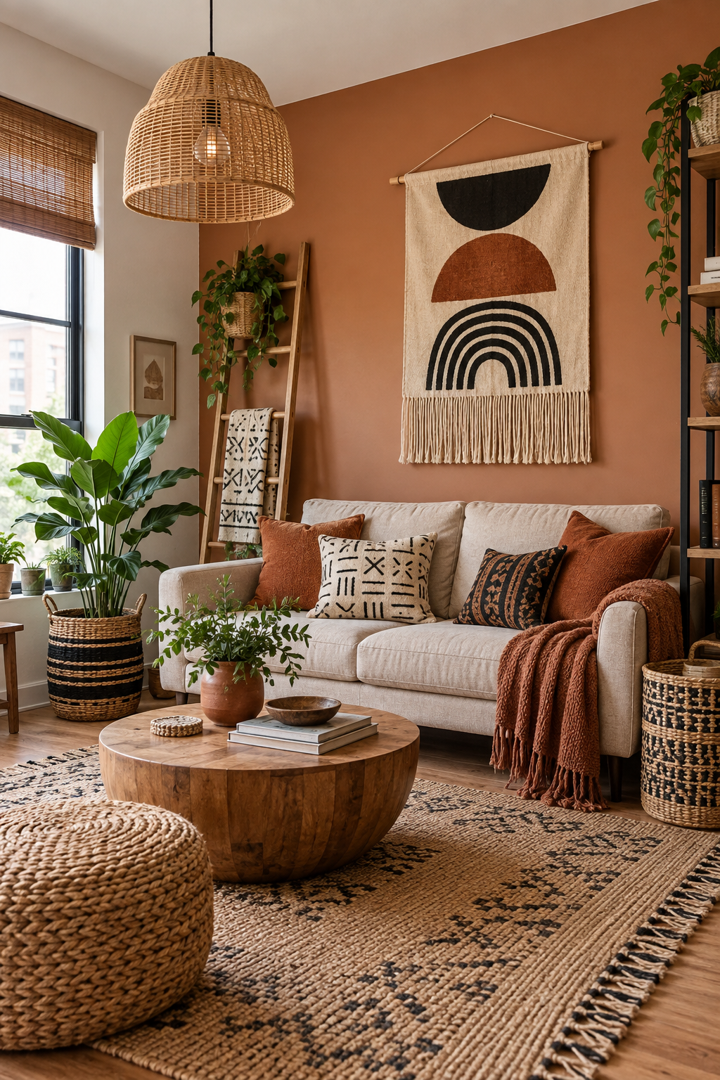 Renter friendly Afrobohemian living room with removable textile wall hanging, ladder and woven lighting