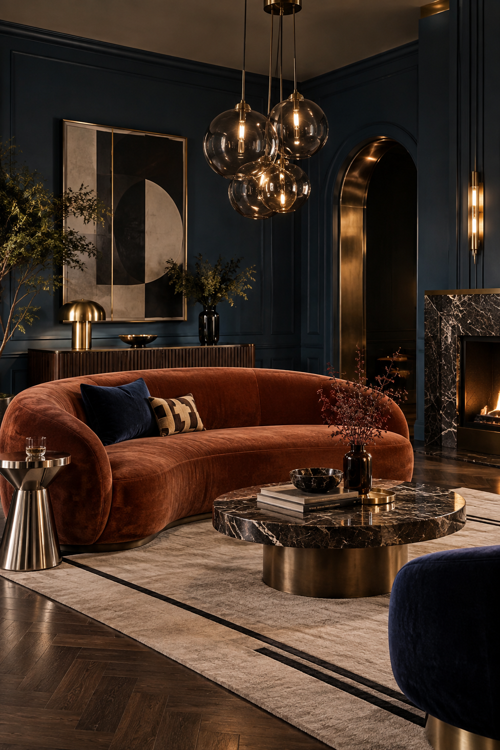 Moody Neo Deco lounge with a smoked-glass pendant and rust velvet curved sofa