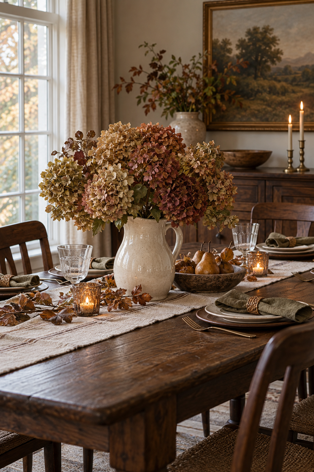 Dried hydrangeas in vintage pitcher