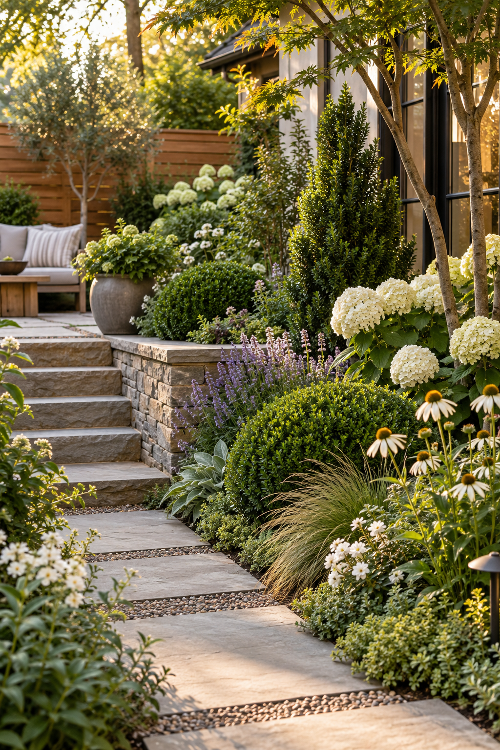 Mix Evergreen Structure with Seasonal Flowers in a small backyard garden