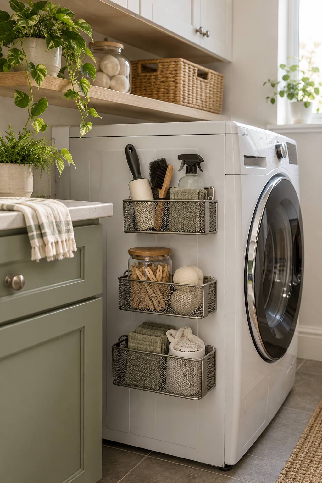 Use Magnetic Storage beside the Washer in a compact organized laundry room