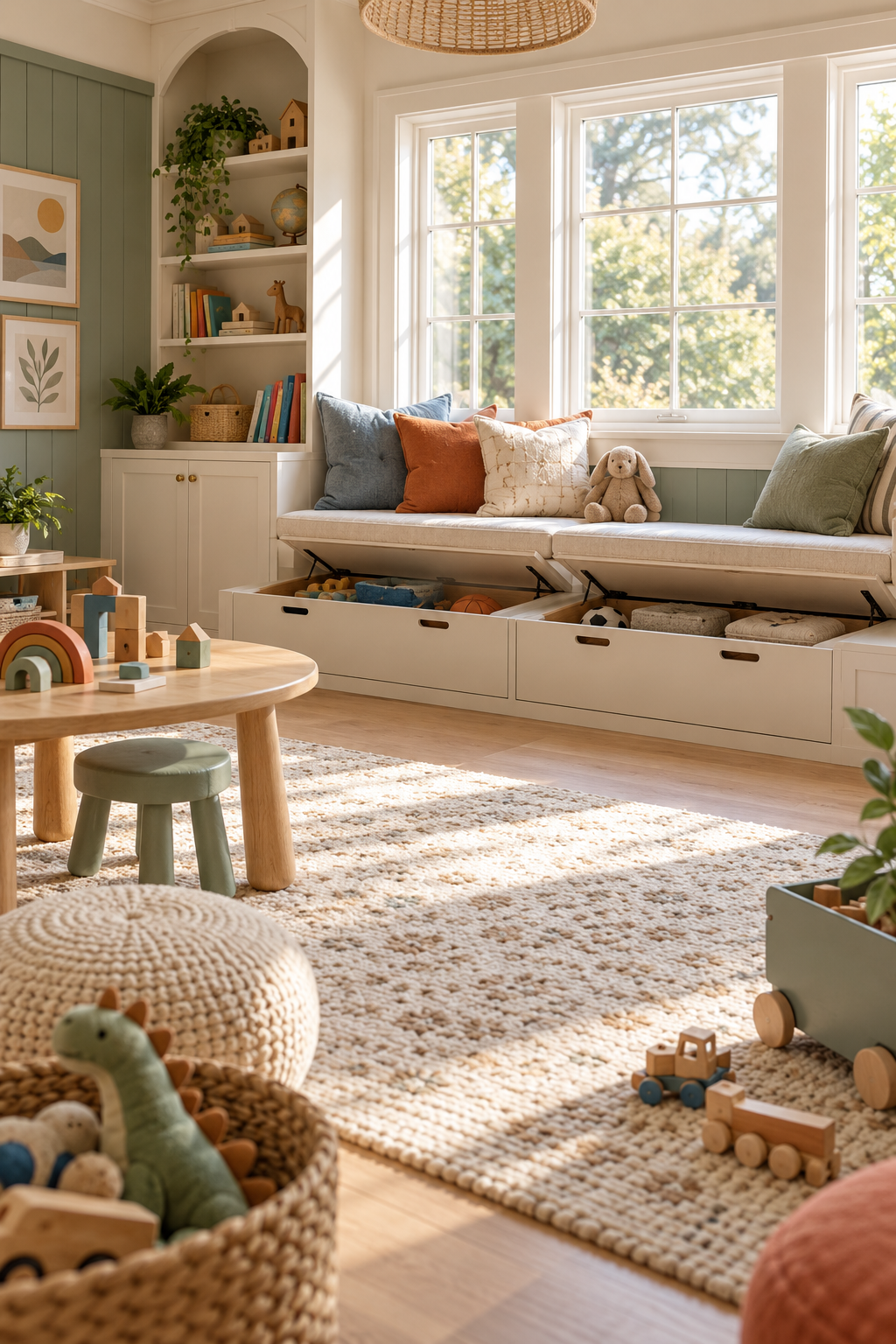 Build a Window Seat with Hidden Storage in a stylish organized playroom