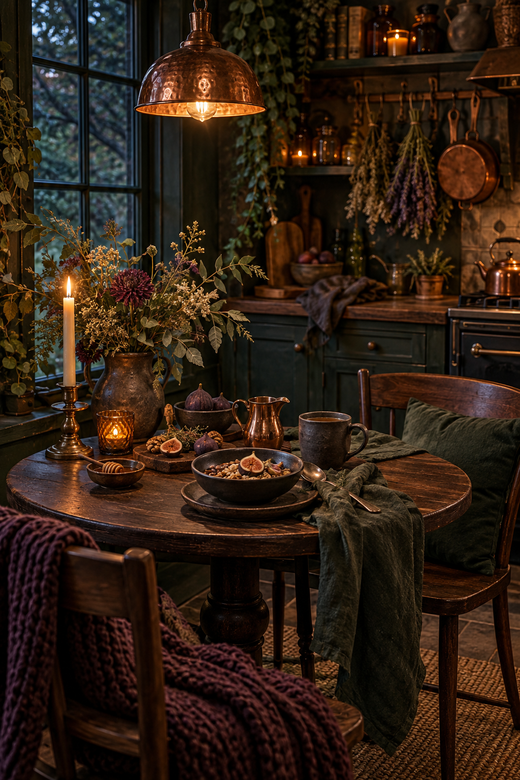 Style a Midnight Breakfast Nook styled as witchy kitchen decor ideas