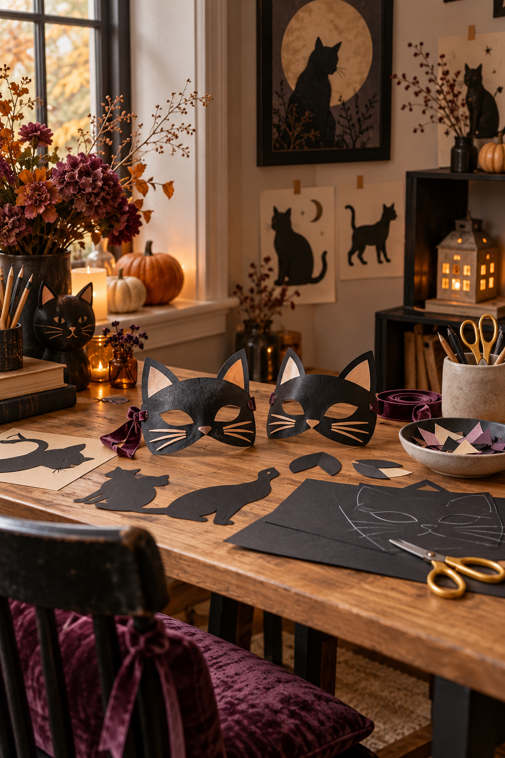 Style a Kids’ Black Cat Craft Corner styled as black cat Halloween decor ideas