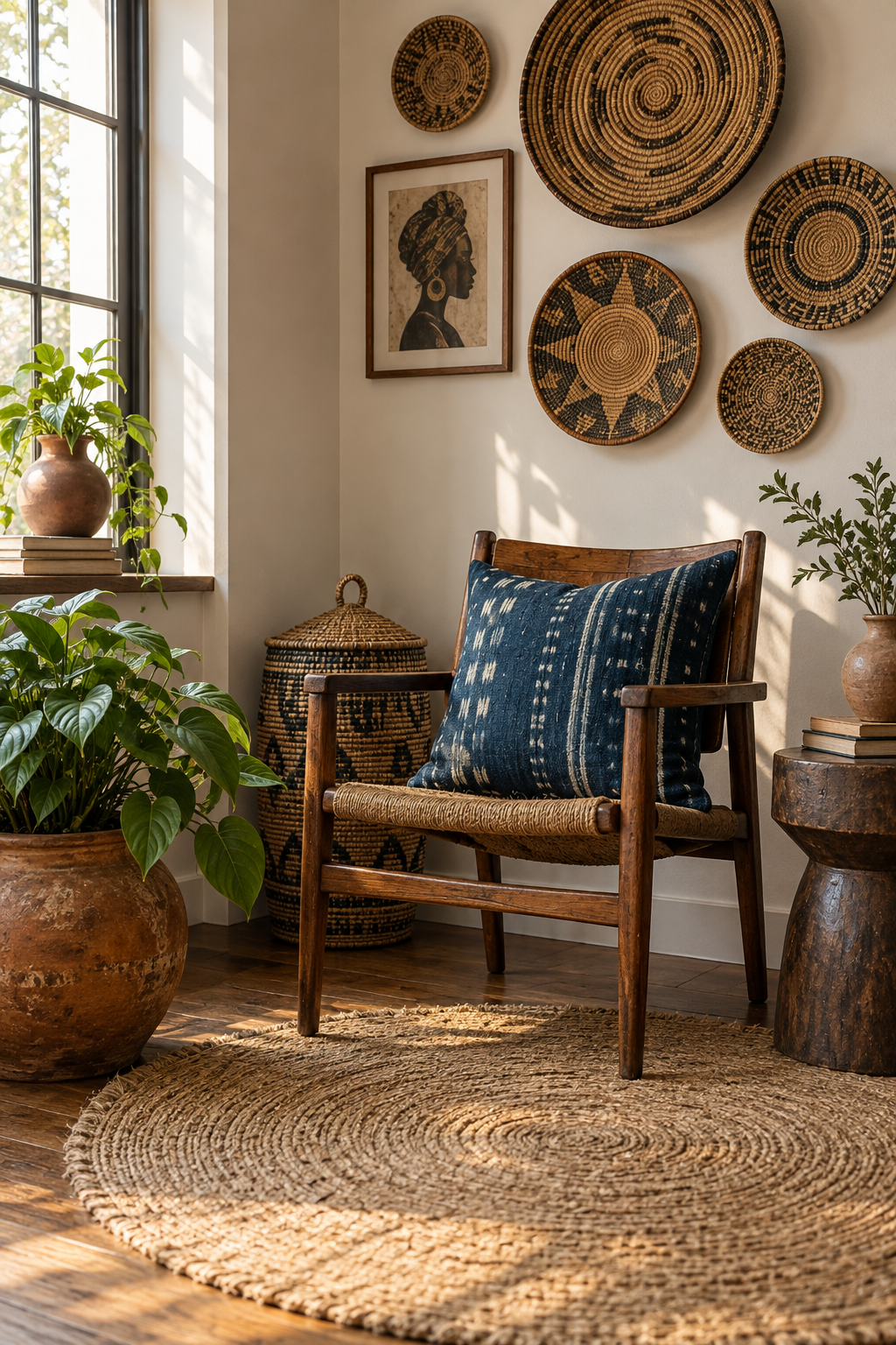 Budget Afrobohemian corner with thrifted wood chair, indigo pillow, baskets and vintage clay pots