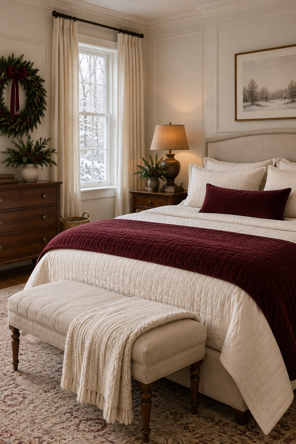 Elegant burgundy Christmas bedroom with velvet lumbar pillow and garland