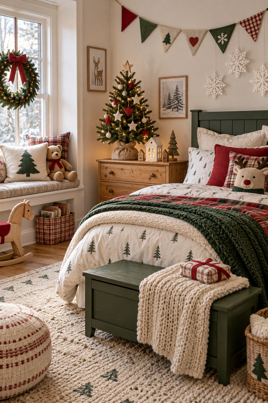 Child-friendly Christmas bedroom with felt ornaments, soft garland and secured mini tree
