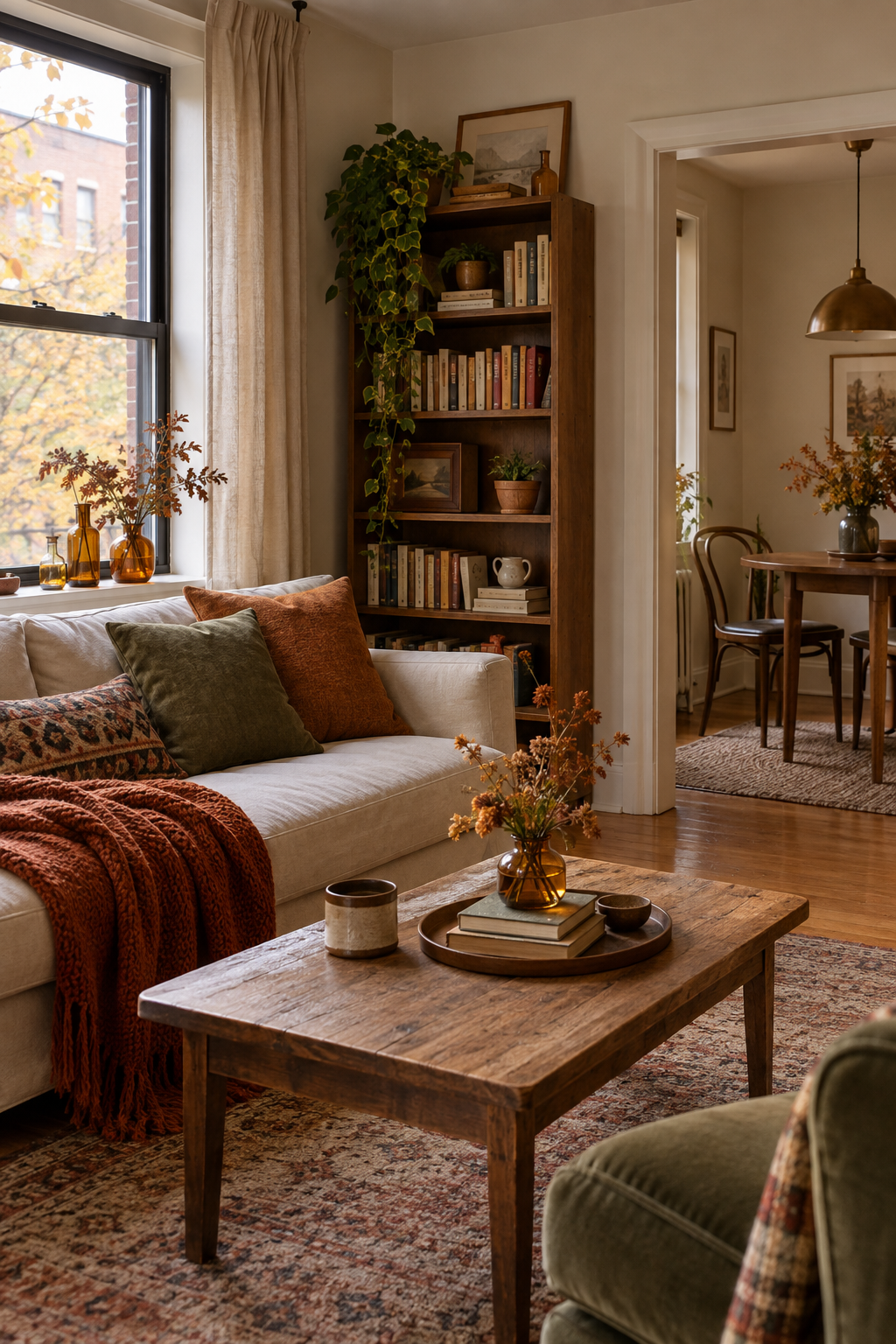 Warm curtains filtering autumn apartment light