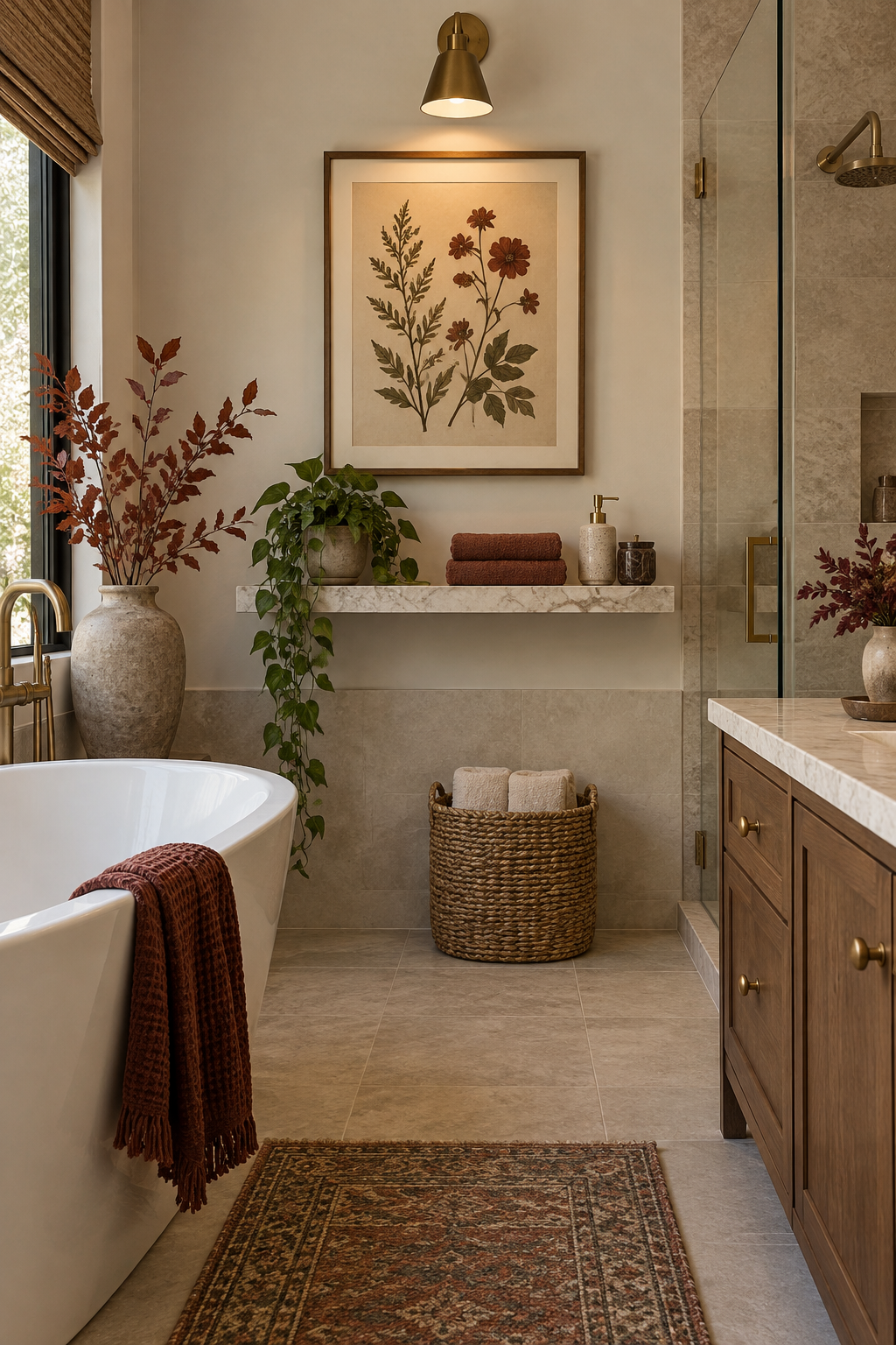 Botanical art in autumn bathroom