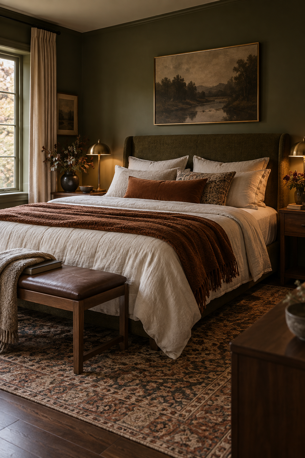 Moody autumn bedroom with brass lighting