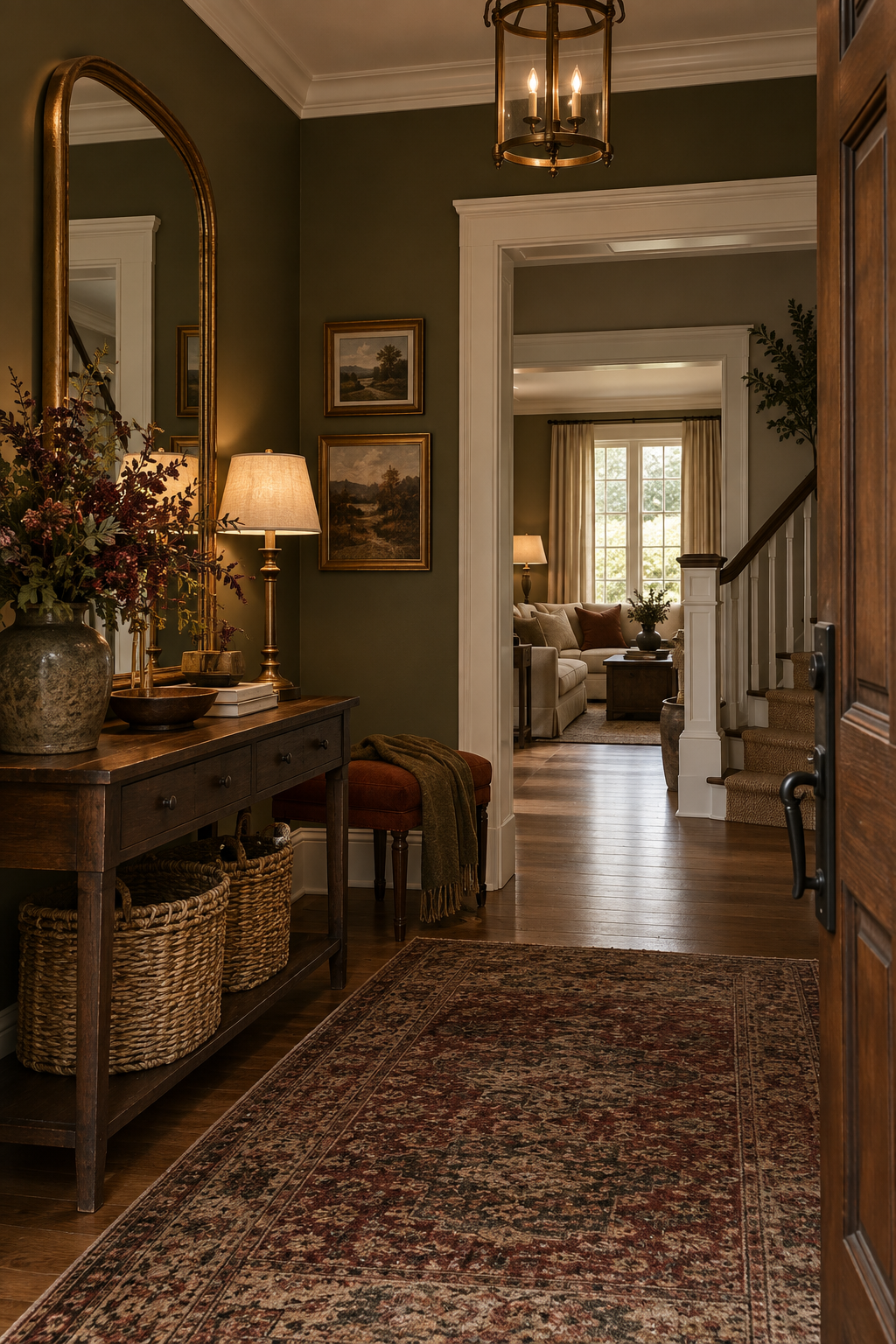 Moody autumn foyer with warm lighting