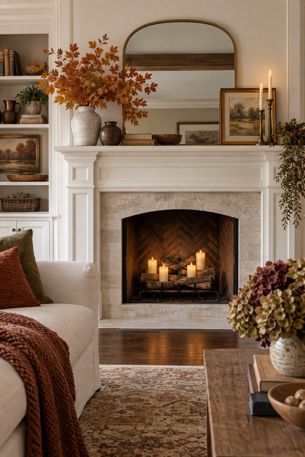 White fireplace mantel with warm autumn accents