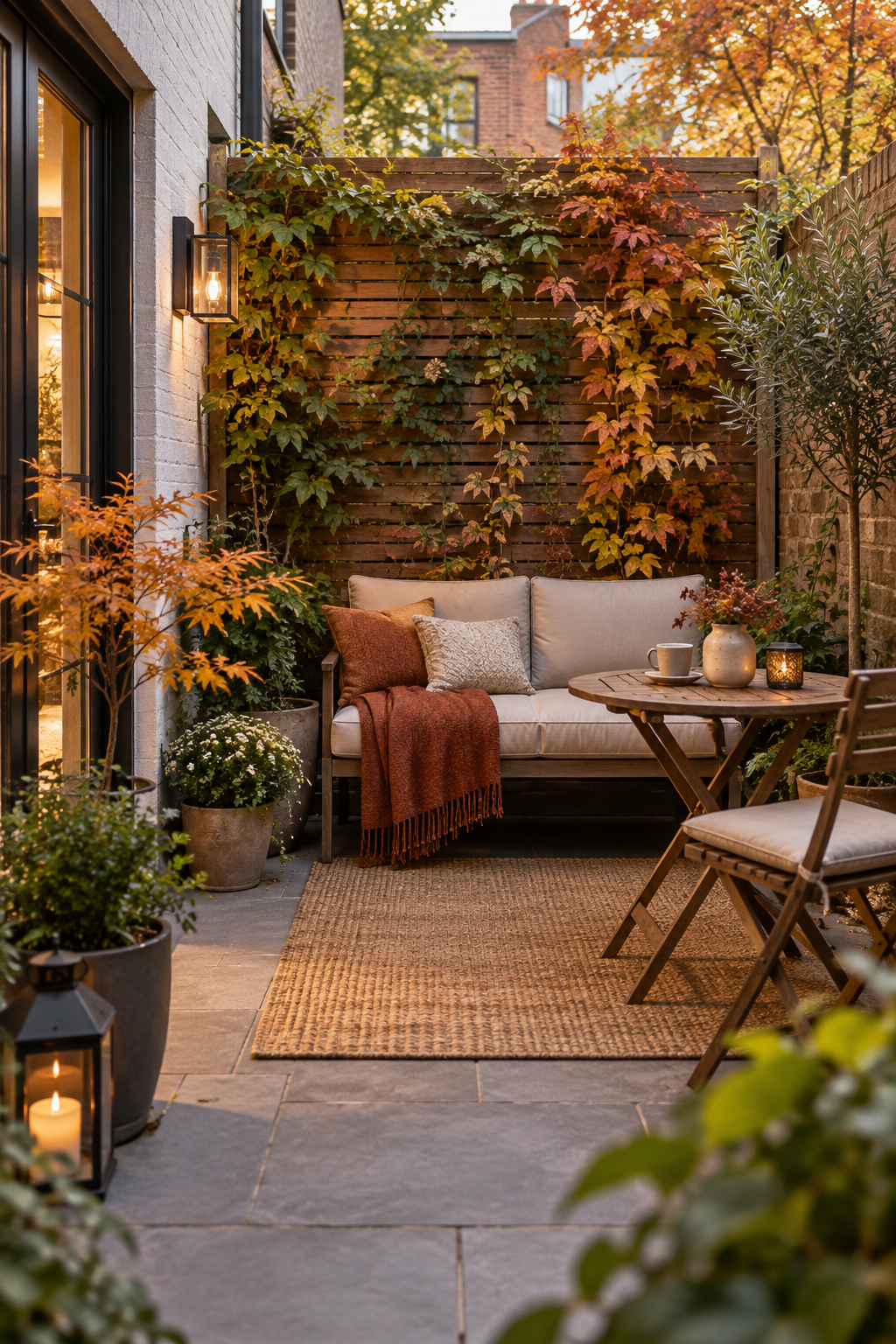 Tiny townhouse patio styled for fall