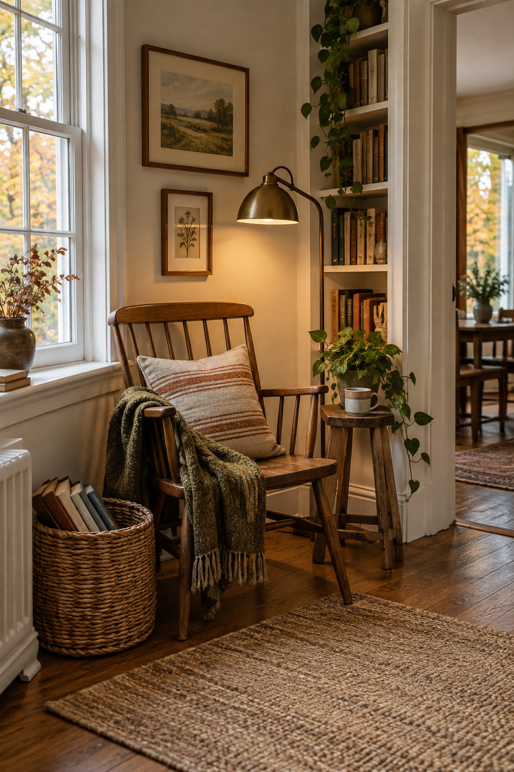Budget autumn reading nook with thrifted pieces