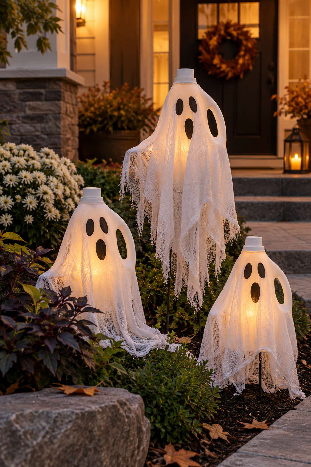 Turn Laundry Bottles into Yard Ghosts styled as DIY ghost decor ideas