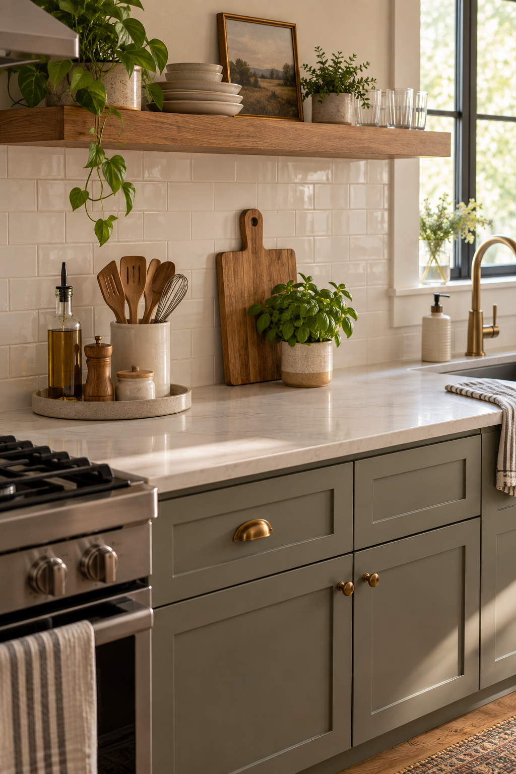 A tidy starter-home kitchen counter with a functional tray