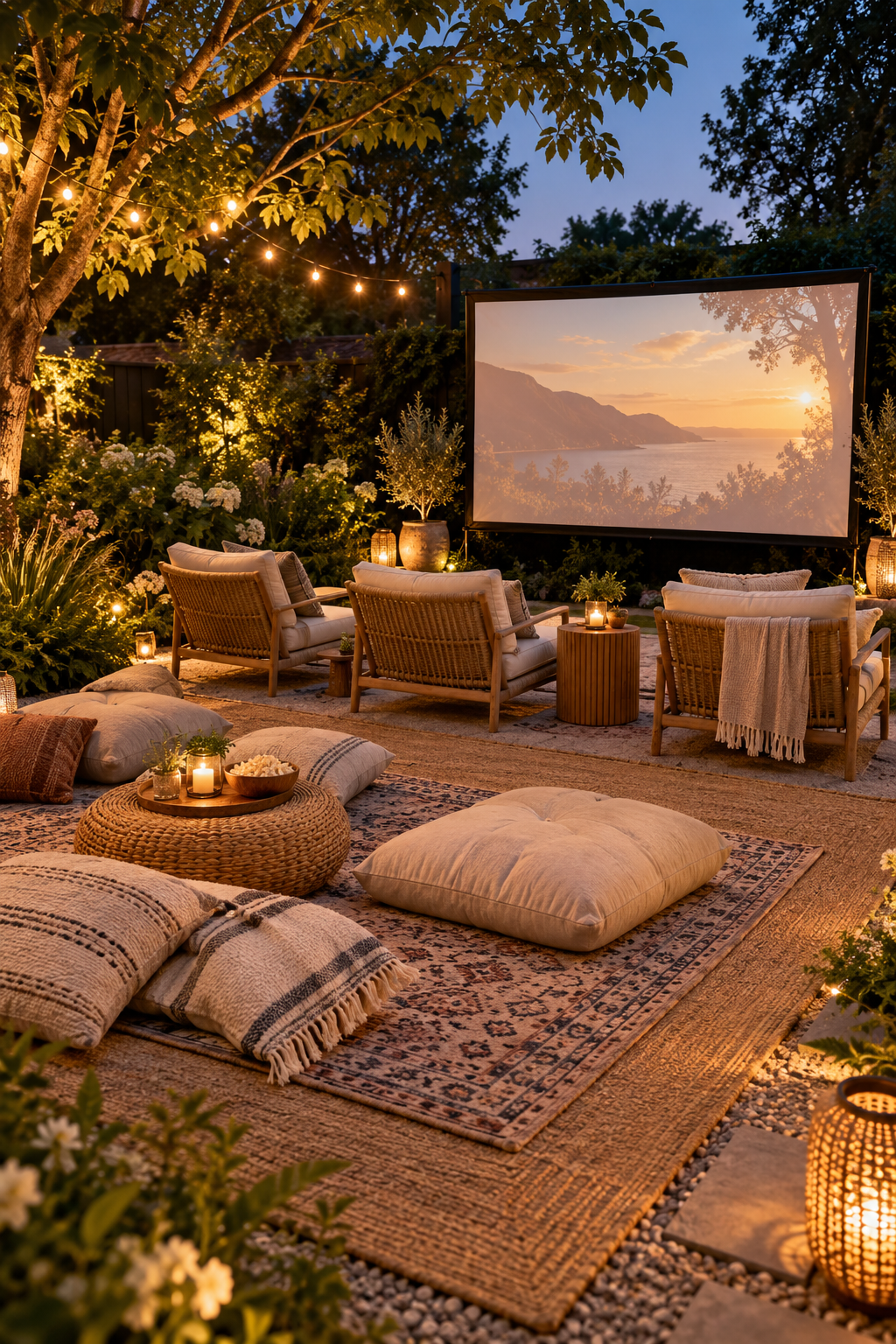 Use Outdoor Rugs to Define Seating for a magical garden movie night