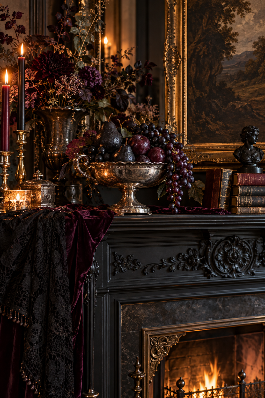 Add Blackened Fruit and Grapes styled as gothic Victorian Halloween mantel ideas