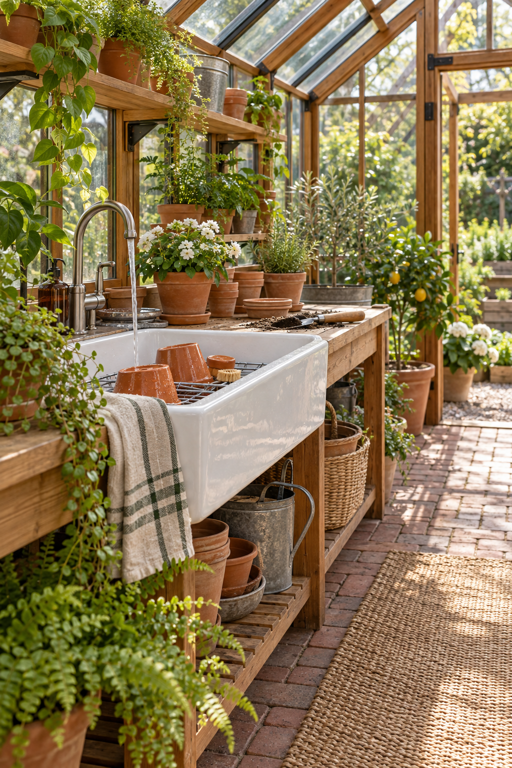 Add a Practical Wash Basin inside a beautiful garden greenhouse