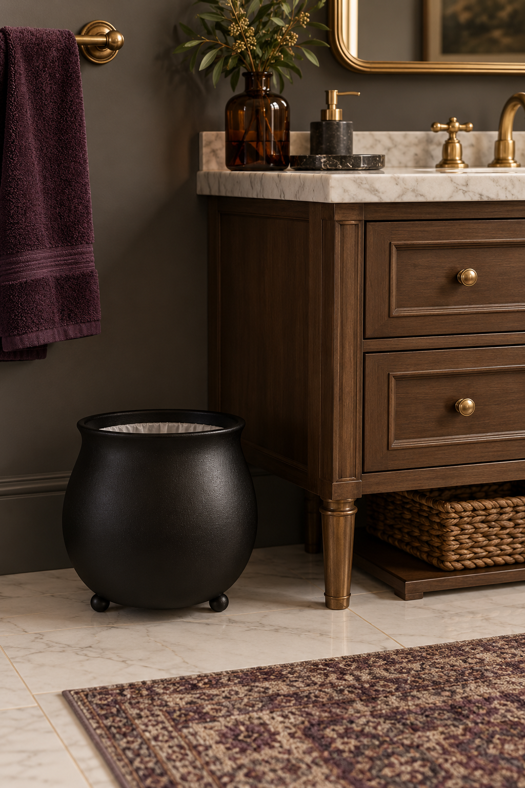 Use a Cauldron-Shaped Wastebasket styled as Halloween bathroom decor ideas