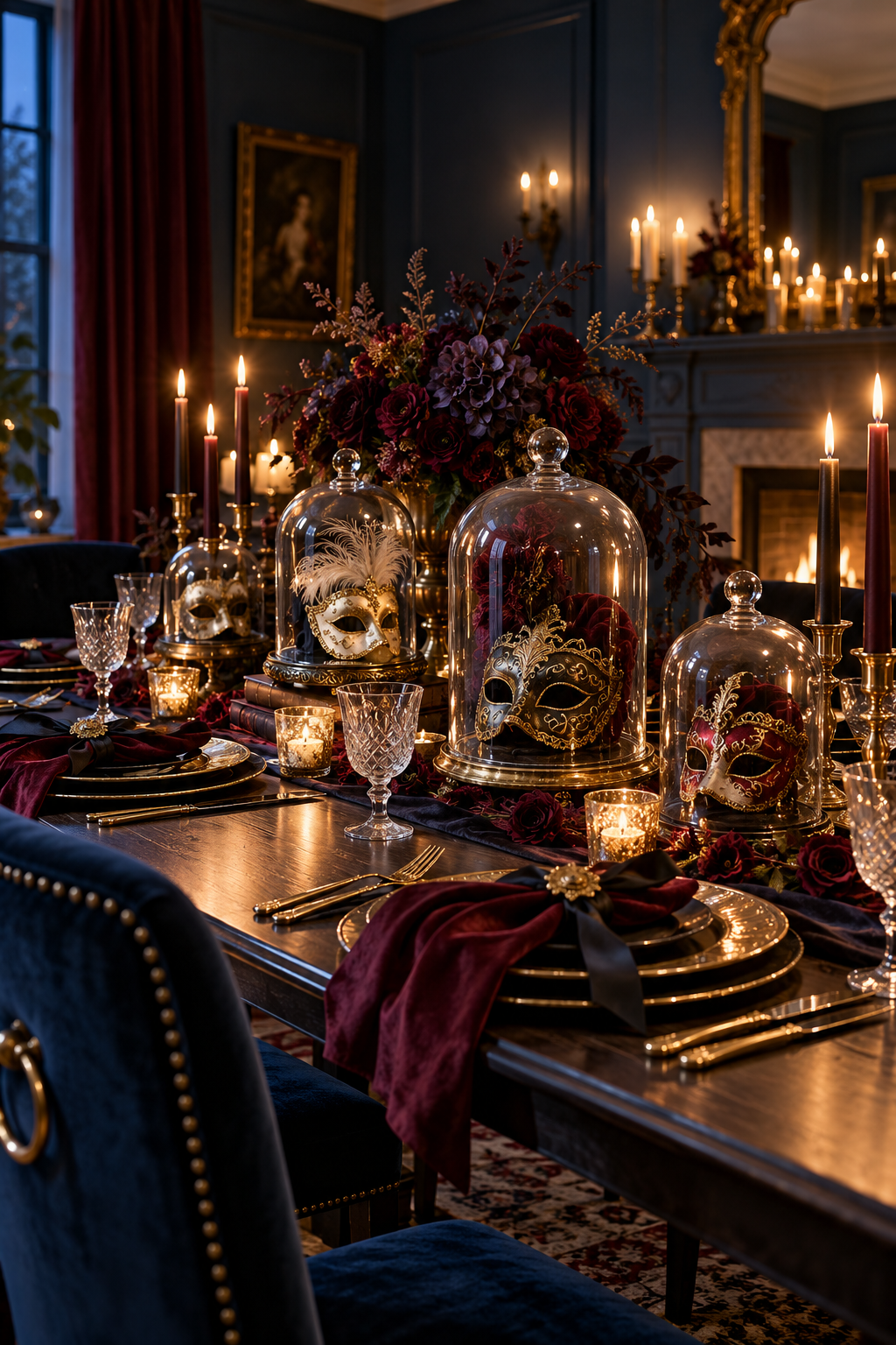 Arrange Masks beneath Glass Cloches styled as Halloween masquerade tablescape ideas