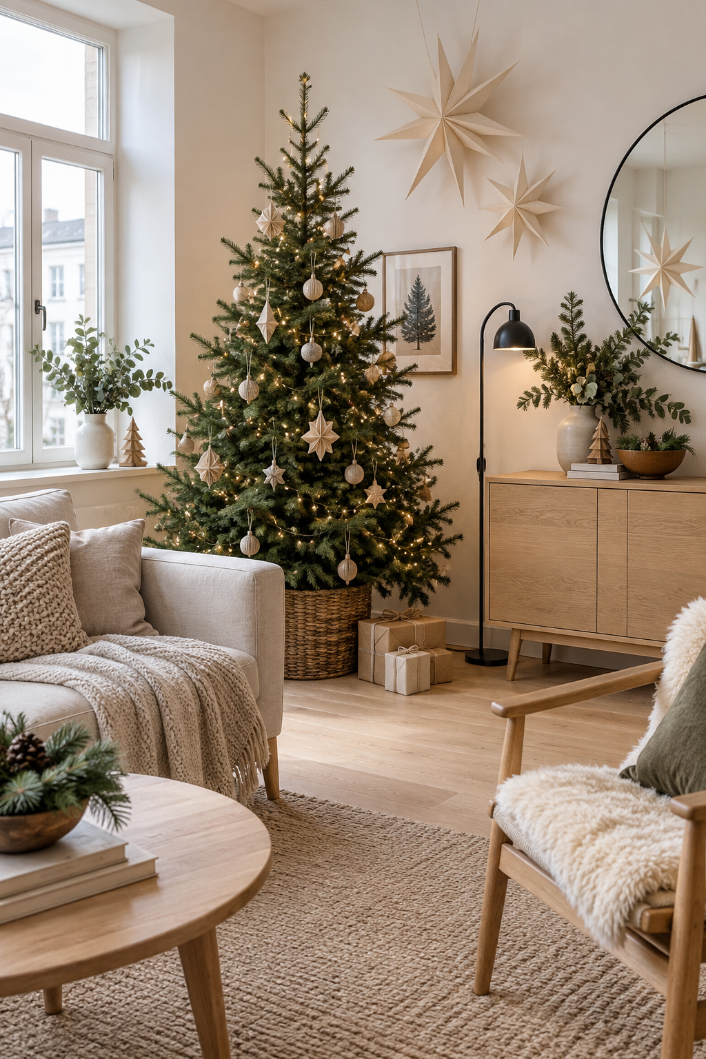 Scandinavian natural Christmas corner with pale wood, paper stars and cream textiles