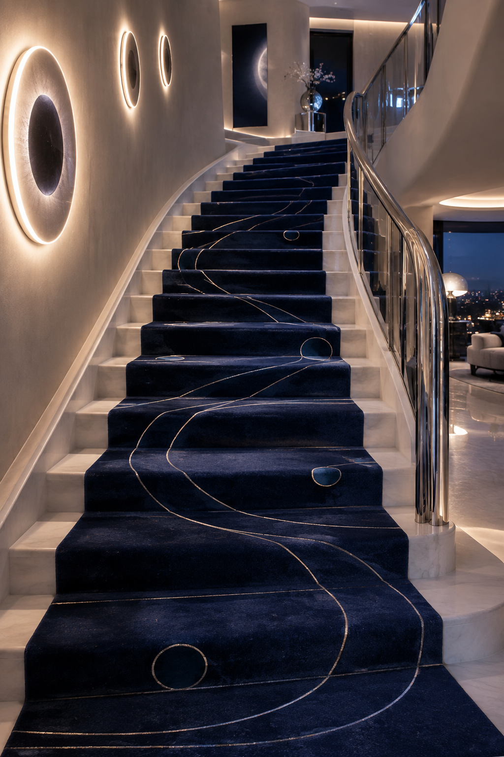Staircase with orbital runner, globe pendant and chrome rail detail