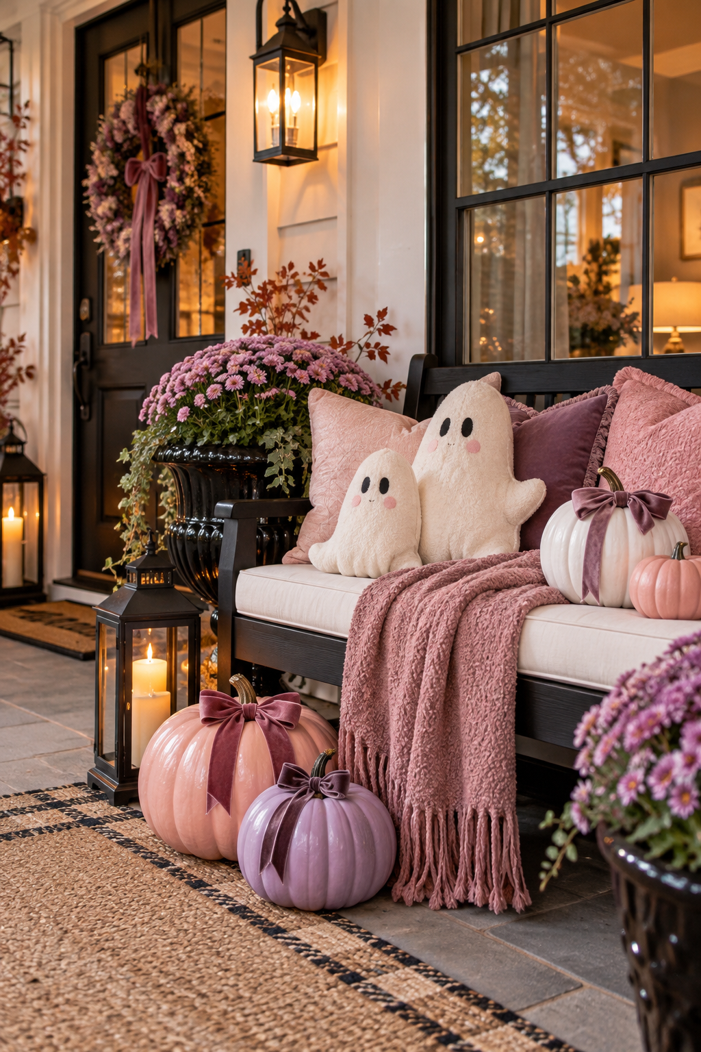 Style a Pastel Porch Bench styled as pink Halloween decor ideas