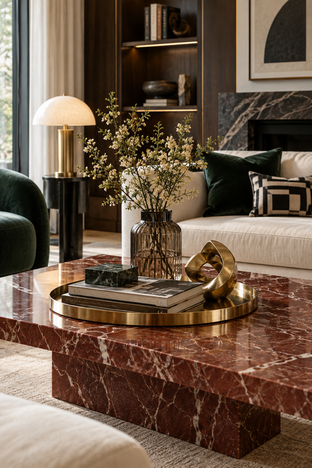 Red marble Neo Deco coffee table styled with a brass tray, books and smoked glass vase