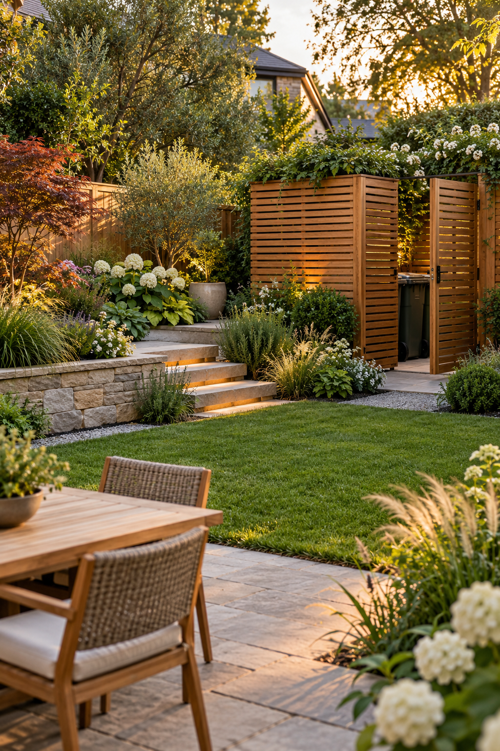 Hide Utilities with a Slatted Screen in a small backyard garden