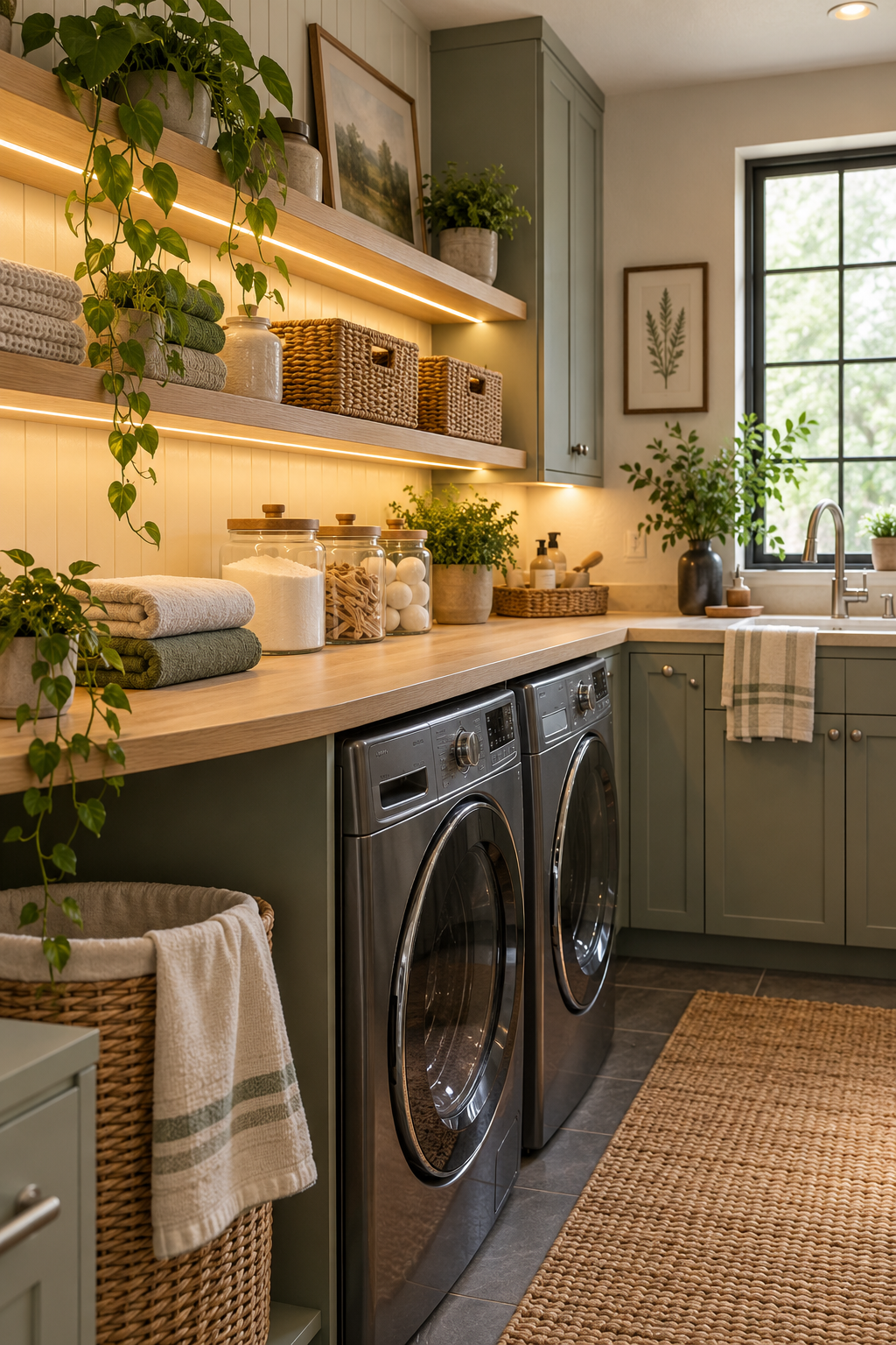 Add Task Lighting beneath Shelves in a compact organized laundry room