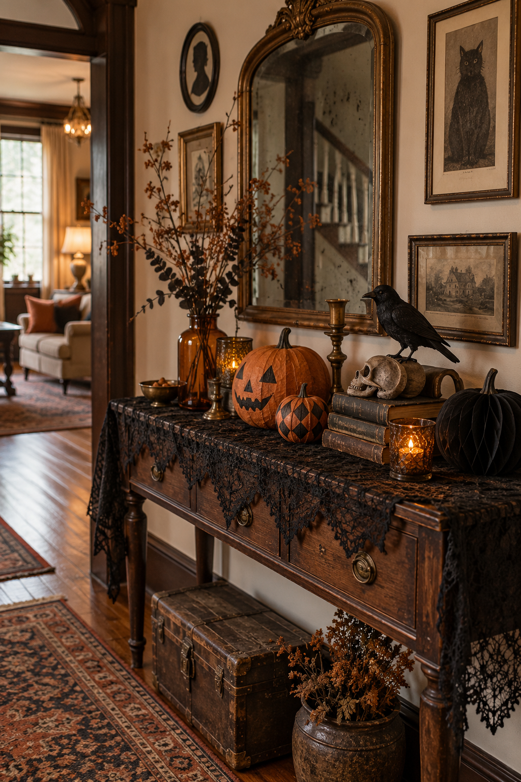 Dress a Console with Black Lace styled as vintage Halloween decor ideas