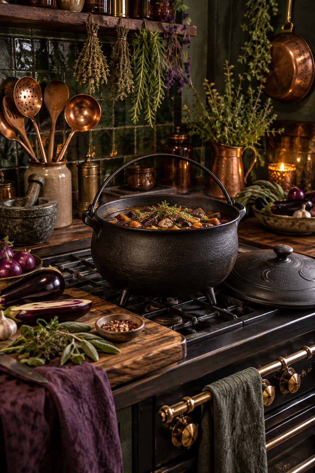 Add a Cauldron-Shaped Dutch Oven styled as witchy kitchen decor ideas