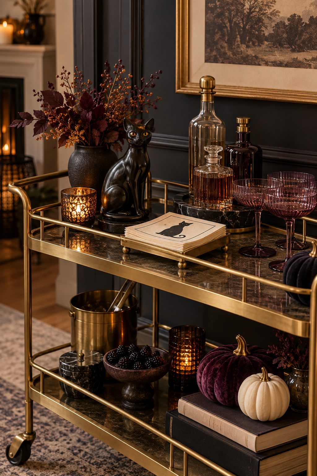 Add Subtle Cat Details to a Bar Cart styled as black cat Halloween decor ideas