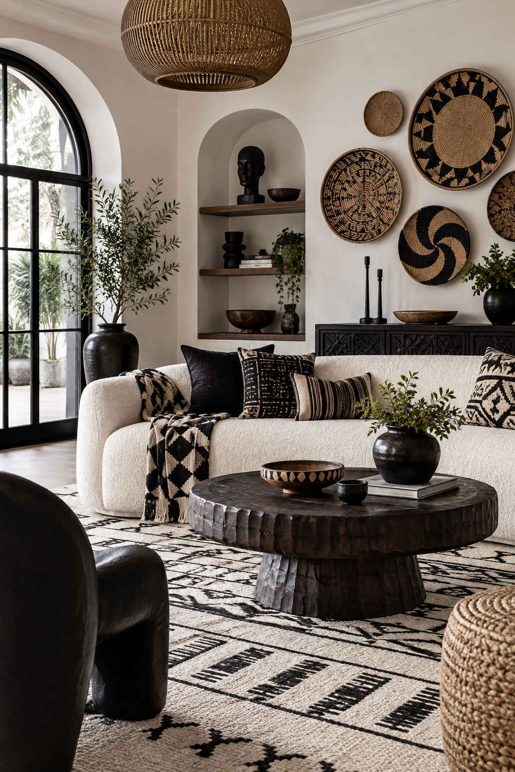 Black and white Afrobohemian living room with cream sofa, graphic textiles and dark carved table