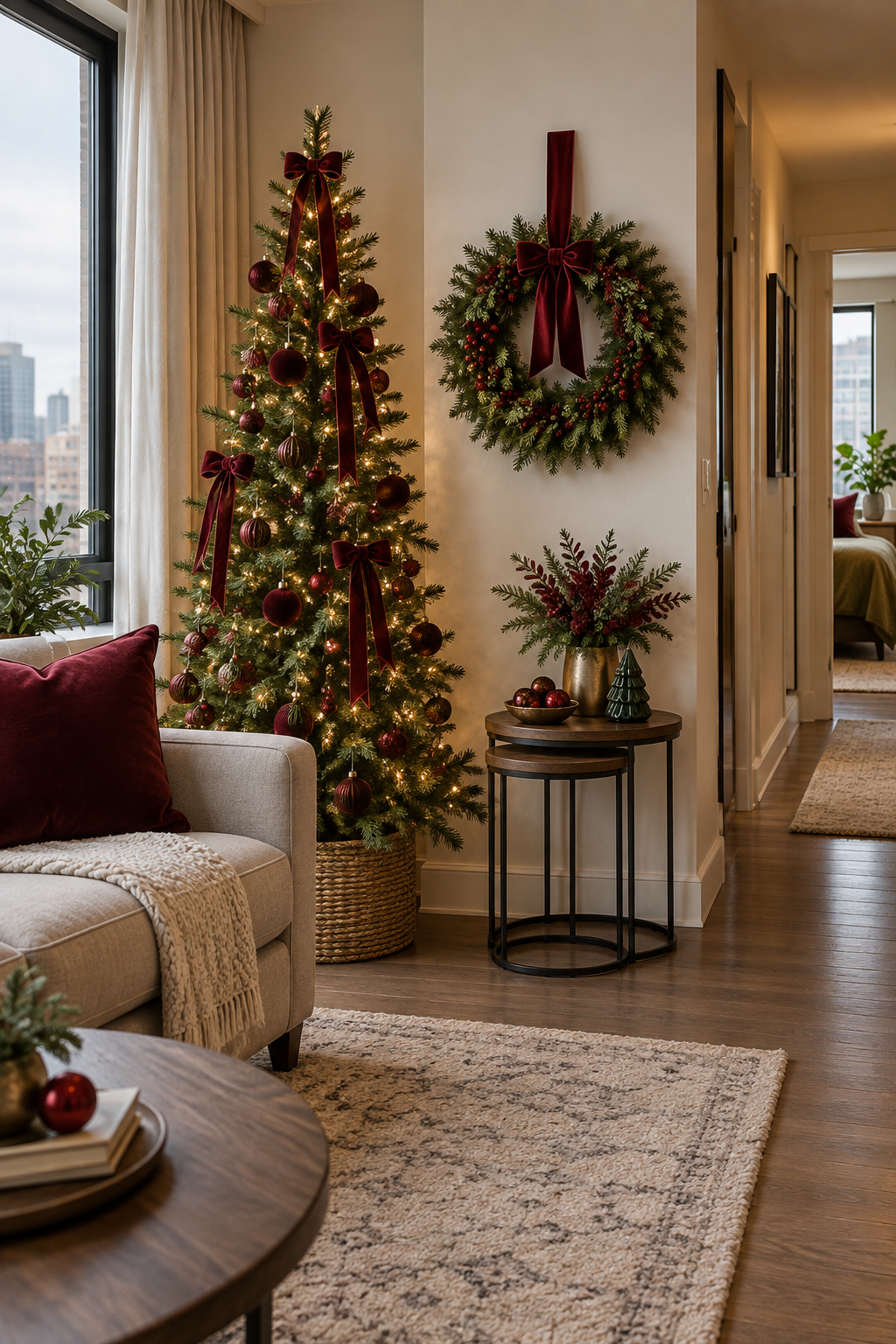 Small apartment Christmas corner with slim tree and burgundy ornaments