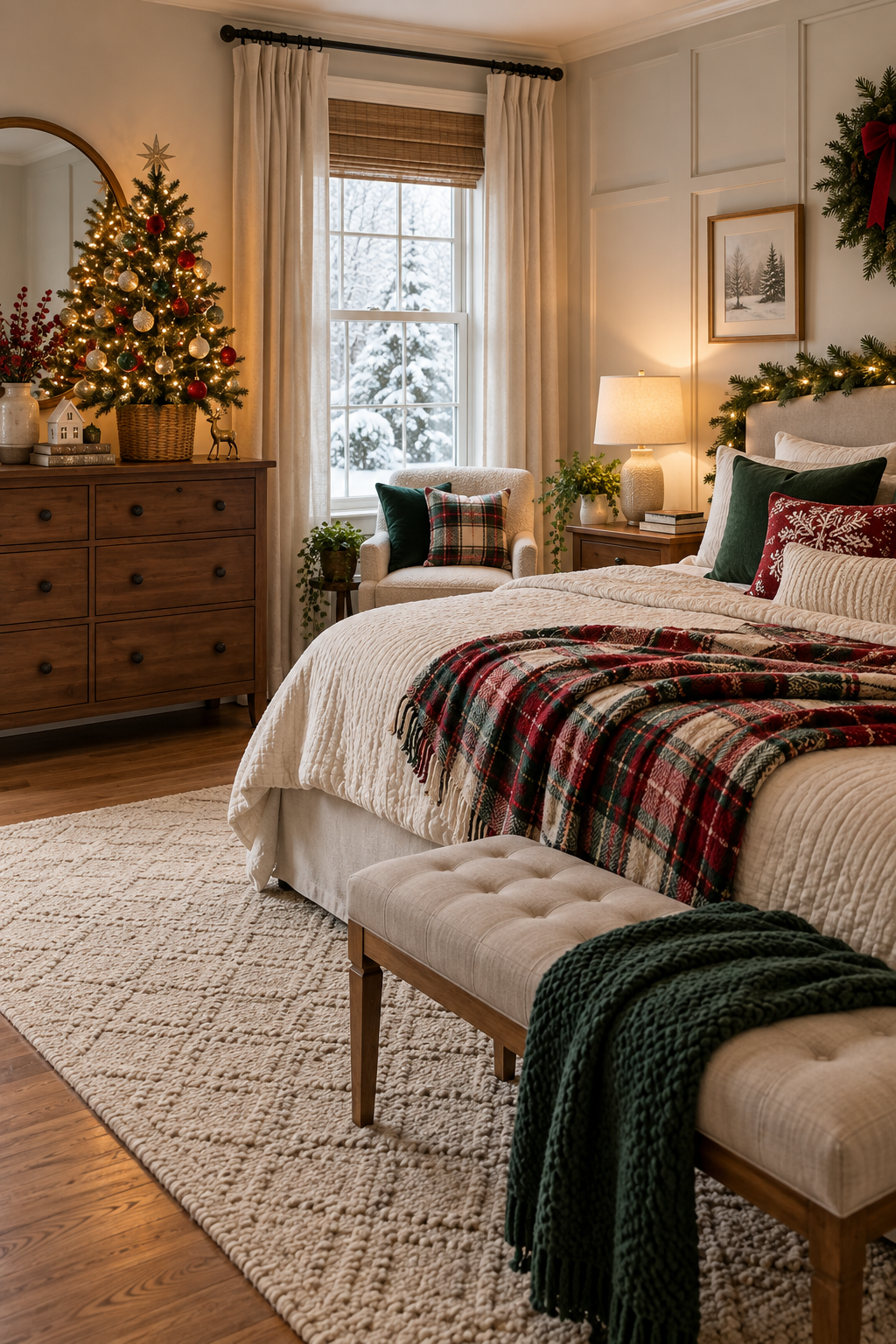 Pet-conscious Christmas bedroom with elevated decorations and clear floor pathways