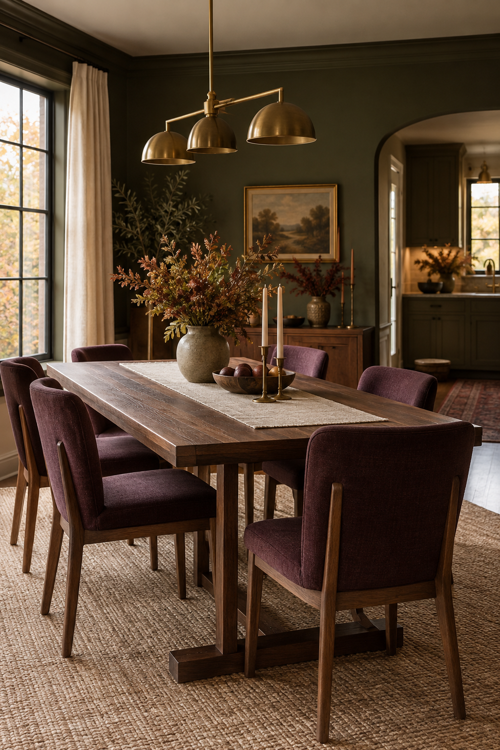 Moody olive and plum autumn dining room